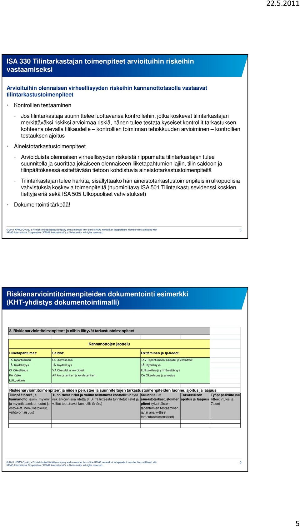 kohteena olevalla tilikaudelle kontrollien toiminnan tehokkuuden arvioiminen kontrollien testauksen ajoitus Aineistotarkastustoimenpiteet - Arvioiduista olennaisen virheellisyyden riskeistä