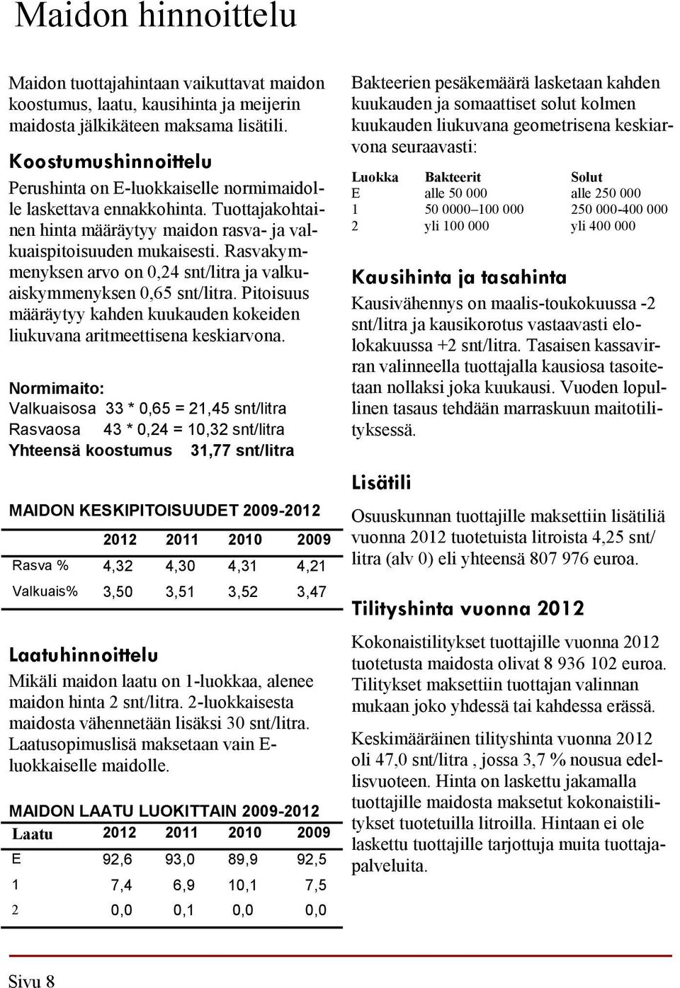 Rasvakymmenyksen arvo on 0,24 snt/litra ja valkuaiskymmenyksen 0,65 snt/litra. Pitoisuus määräytyy kahden kuukauden kokeiden liukuvana aritmeettisena keskiarvona.