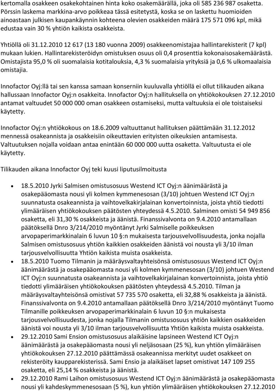 yhtiön kaikista osakkeista. Yhtiöllä oli 31.12.2010 12 617 (13 180 vuonna 2009) osakkeenomistajaa hallintarekisterit (7 kpl) mukaan lukien.