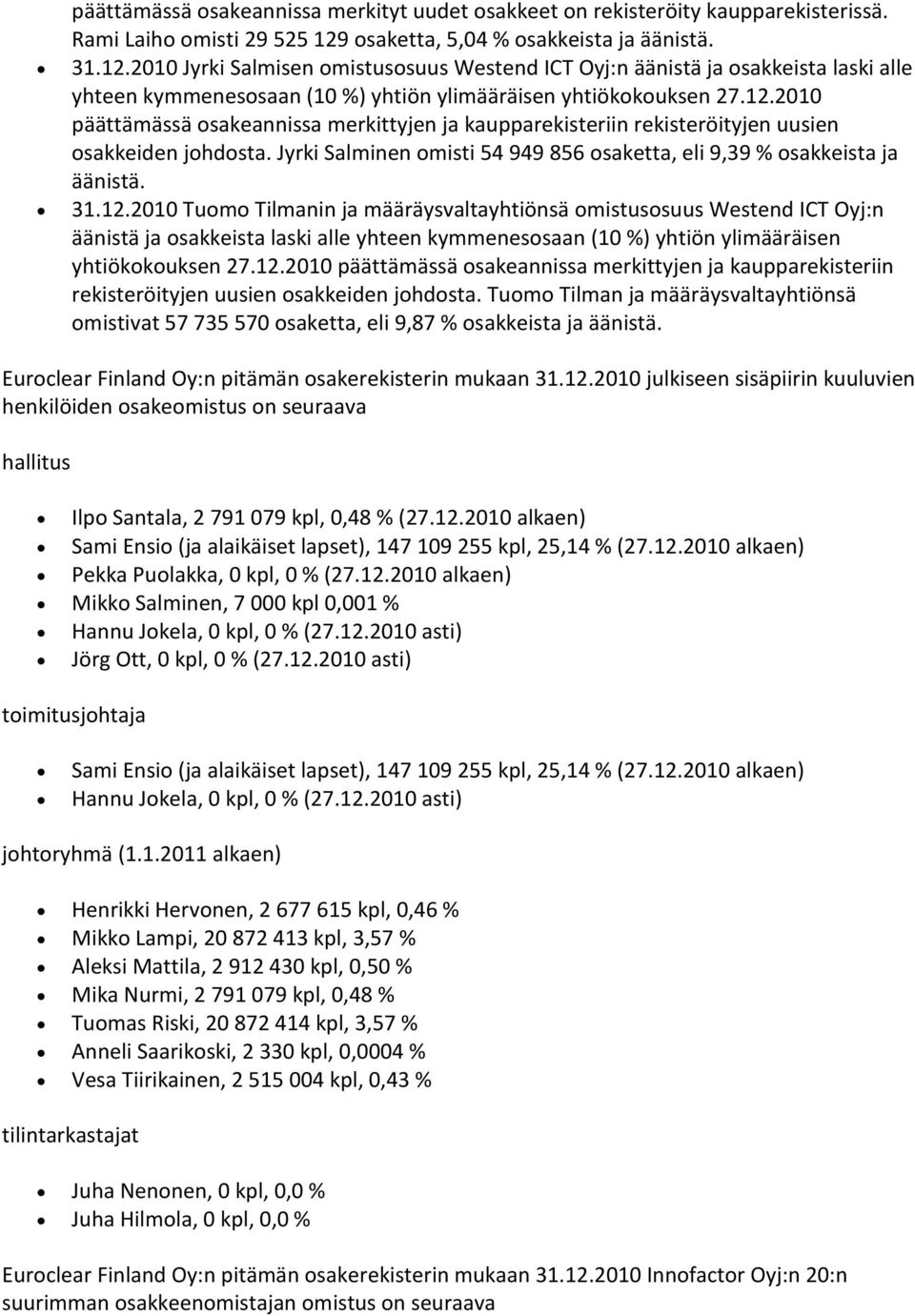 Jyrki Salminen omisti 54 949 856 osaketta, eli 9,39 % osakkeista ja äänistä. 31.12.