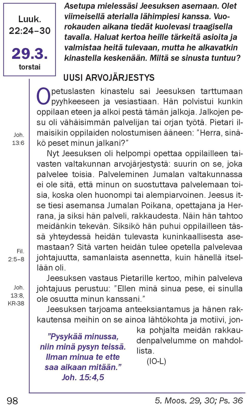 Ilman minua te ette saa aikaan mitään. 15:4,5 UUSI ARVOJÄRJESTYS Opetuslasten kinastelu sai Jeesuksen tarttumaan pyyhkeeseen ja vesiastiaan.