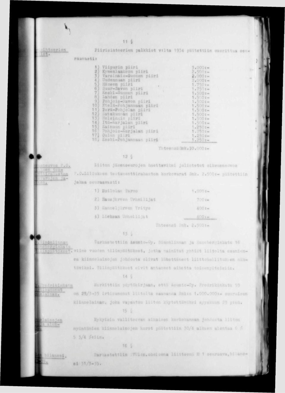 ohjoiB-SarJalan piiri 17) Oulun piiri 15) Kaaki-PohJann:aan Kaaki-Pi piiri Pllriaihteerlen palkkiot Ytlt«1934 pältttuir auorlttia nraiivaatli 3.000«- 2.9001-2.0001-2.000«- 1.750:- 1.750:- 1.500«- 1.