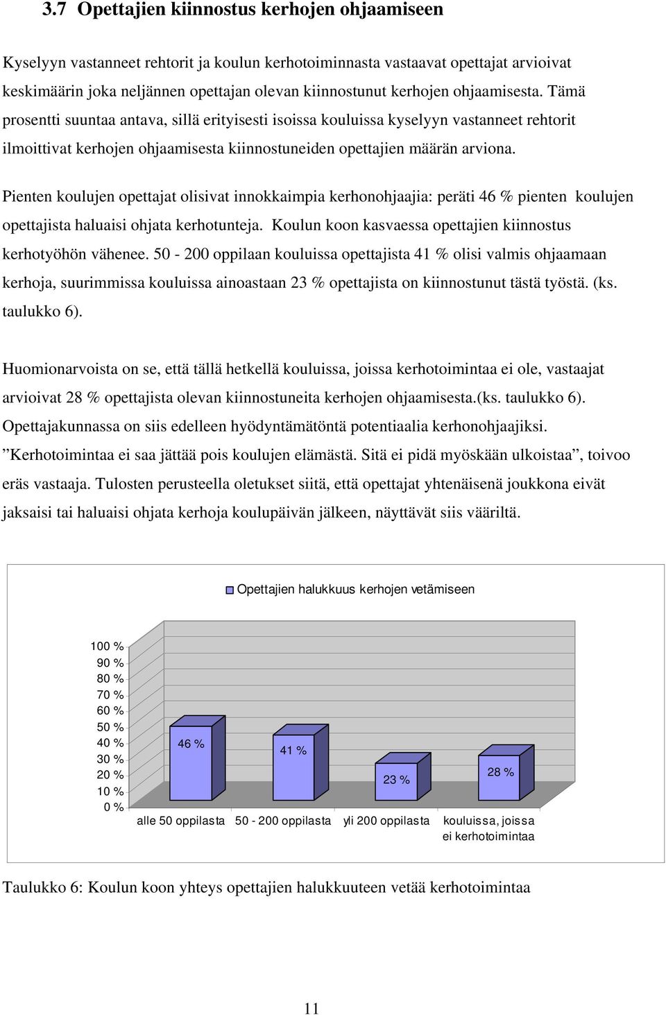 Pienten koulujen opettajat olisivat innokkaimpia kerhonohjaajia: peräti 46 % pienten koulujen opettajista haluaisi ohjata kerhotunteja. Koulun koon kasvaessa opettajien kiinnostus kerhotyöhön vähenee.