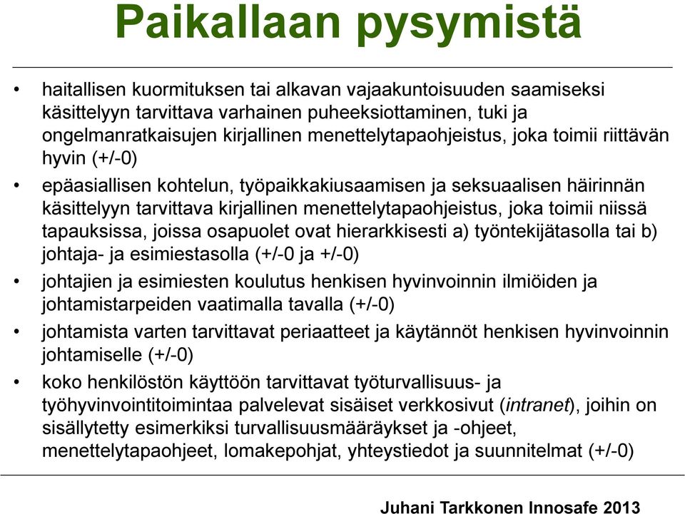 toimii niissä tapauksissa, joissa osapuolet ovat hierarkkisesti a) työntekijätasolla tai b) johtaja- ja esimiestasolla (+/-0 ja +/-0) johtajien ja esimiesten koulutus henkisen hyvinvoinnin ilmiöiden