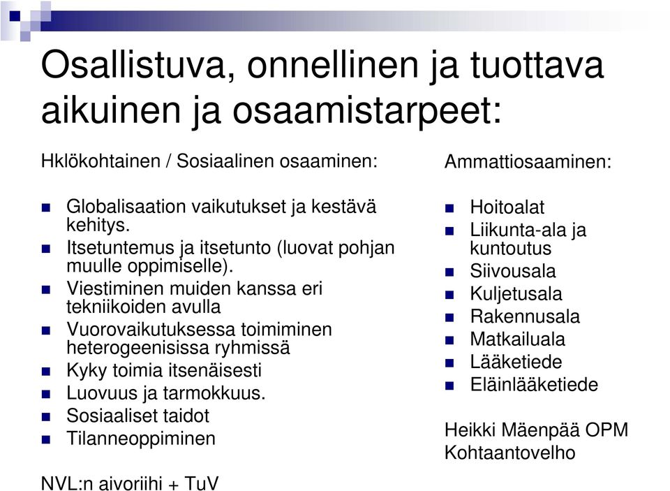 Viestiminen muiden kanssa eri tekniikoiden avulla Vuorovaikutuksessa toimiminen heterogeenisissa ryhmissä Kyky toimia itsenäisesti Luovuus ja