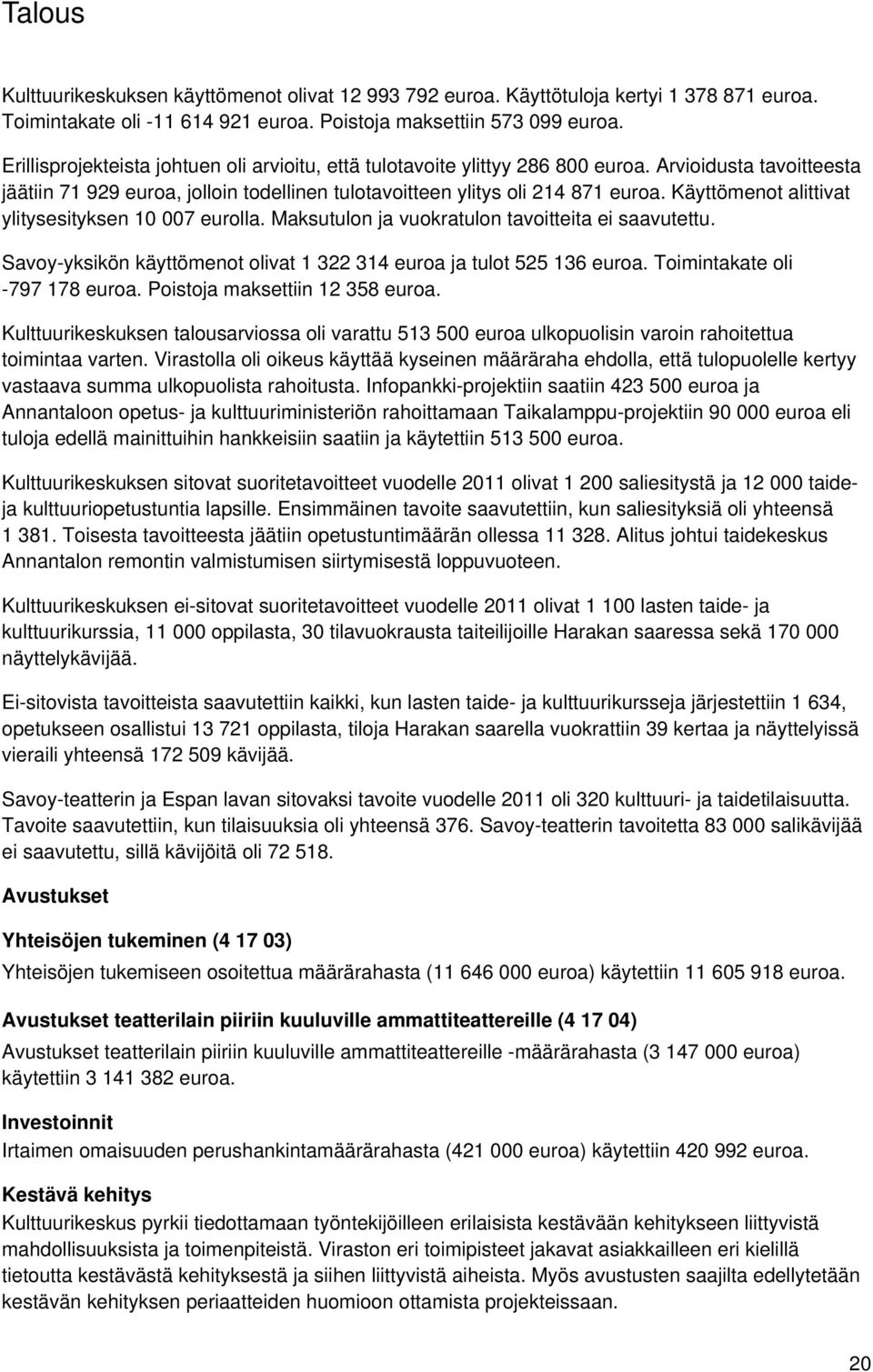 Käyttömenot alittivat ylitysesityksen 10 007 eurolla. Maksutulon ja vuokratulon tavoitteita ei saavutettu. Savoy-yksikön käyttömenot olivat 1 322 314 euroa ja tulot 525 136 euroa.