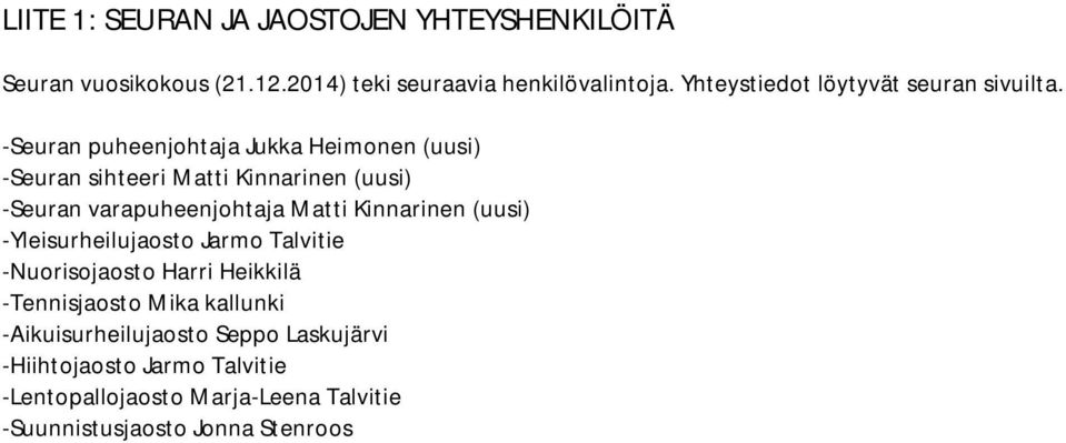 -Seuran puheenjohtaja Jukka Heimonen (uusi) -Seuran sihteeri Matti Kinnarinen (uusi) -Seuran varapuheenjohtaja Matti Kinnarinen