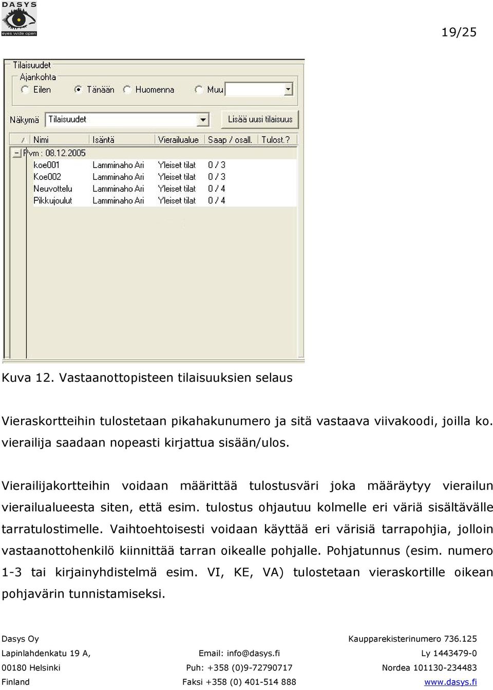 Vierailijakortteihin voidaan määrittää tulostusväri joka määräytyy vierailun vierailualueesta siten, että esim.