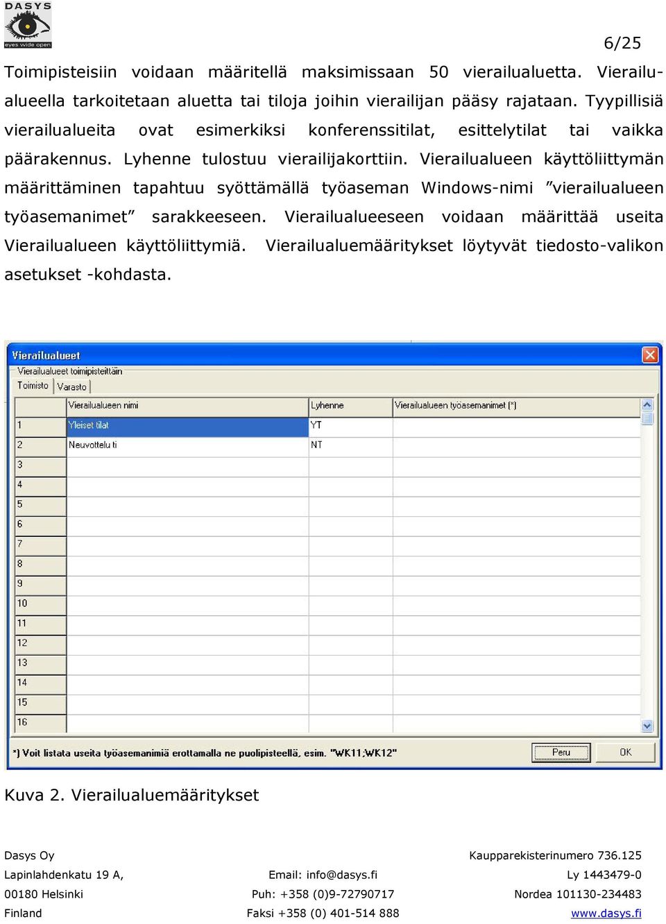 Tyypillisiä vierailualueita ovat esimerkiksi konferenssitilat, esittelytilat tai vaikka päärakennus. Lyhenne tulostuu vierailijakorttiin.