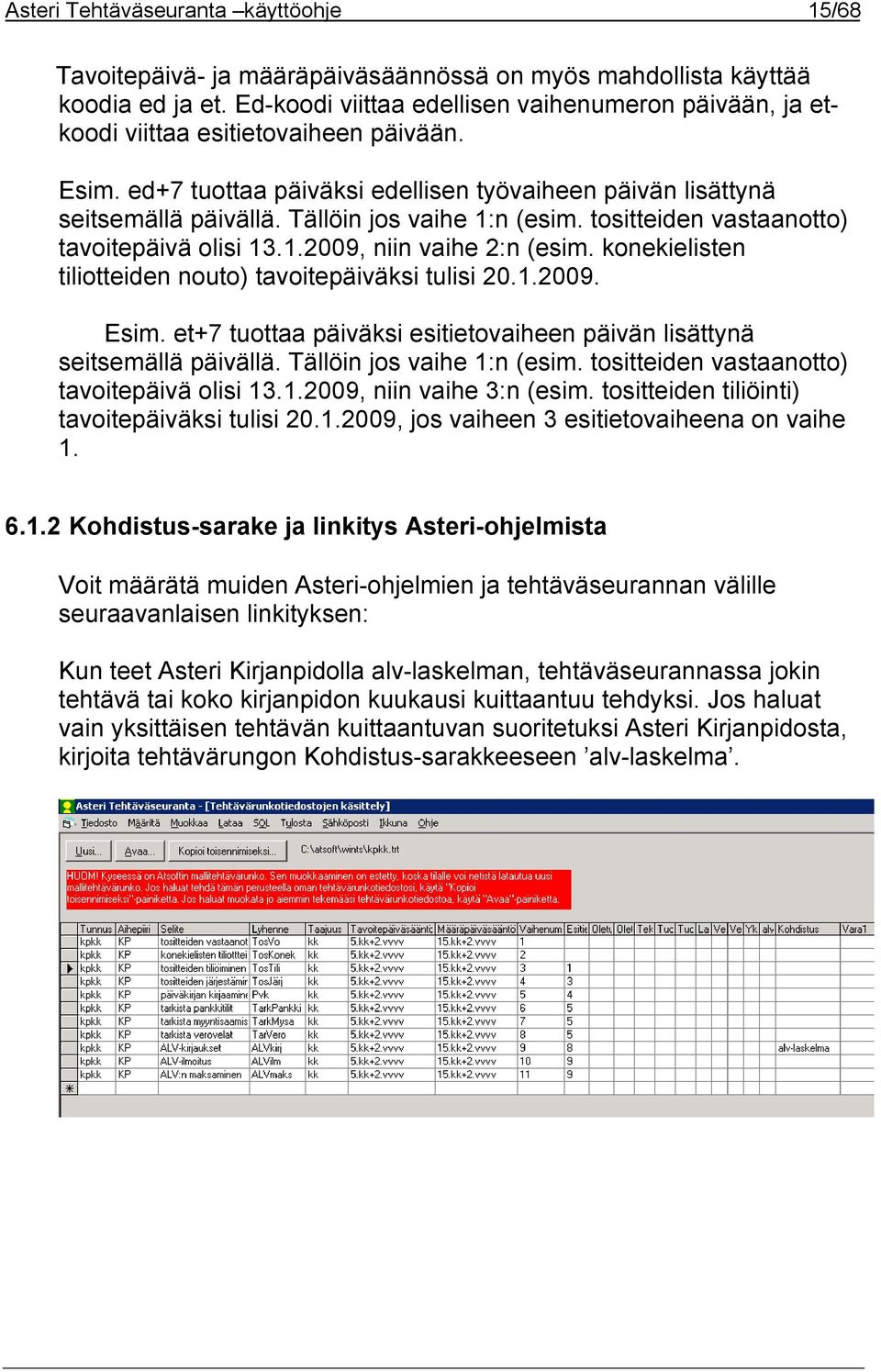 Tällöin jos vaihe 1:n (esim. tositteiden vastaanotto) tavoitepäivä olisi 13.1.2009, niin vaihe 2:n (esim. konekielisten tiliotteiden nouto) tavoitepäiväksi tulisi 20.1.2009. Esim.