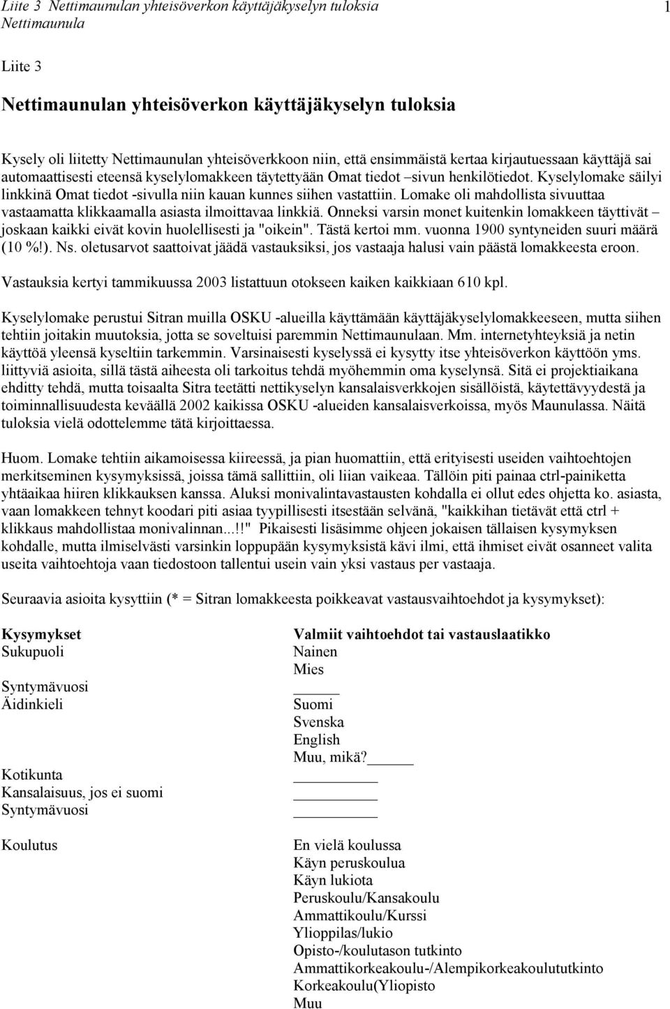 Lomake oli mahdollista sivuuttaa vastaamatta klikkaamalla asiasta ilmoittavaa linkkiä. Onneksi varsin monet kuitenkin lomakkeen täyttivät joskaan kaikki eivät kovin huolellisesti ja "oikein".