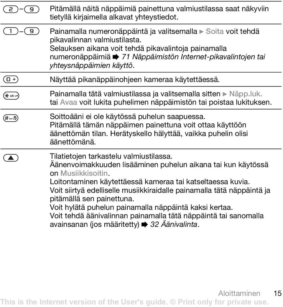 Painamalla tätä valmiustilassa ja valitsemalla sitten } Näpp.luk. tai Avaa voit lukita puhelimen näppäimistön tai poistaa lukituksen. Soittoääni ei ole käytössä puhelun saapuessa.