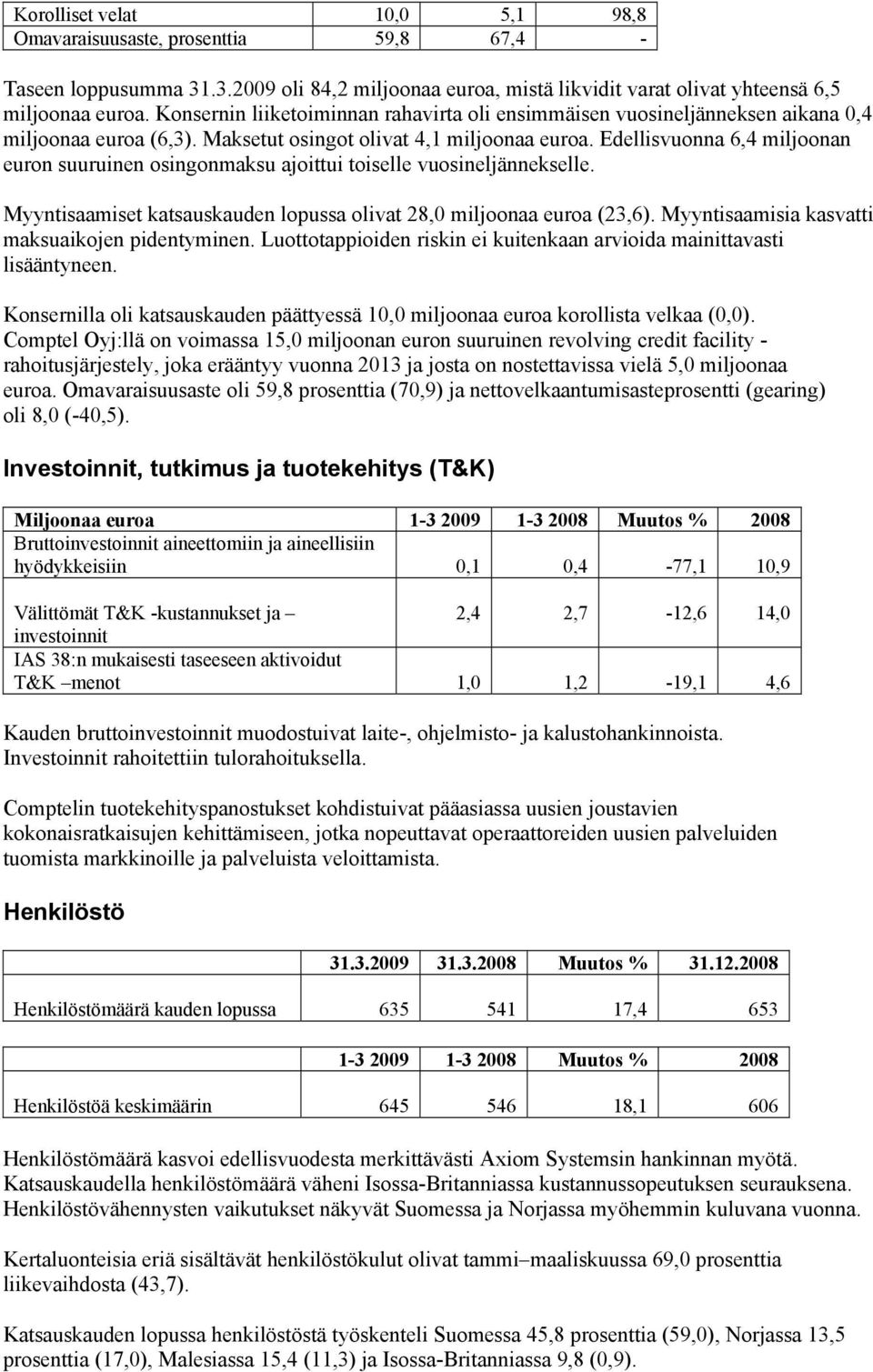 Edellisvuonna 6,4 miljoonan euron suuruinen osingonmaksu ajoittui toiselle vuosineljännekselle. Myyntisaamiset katsauskauden lopussa olivat 28,0 miljoonaa euroa (23,6).