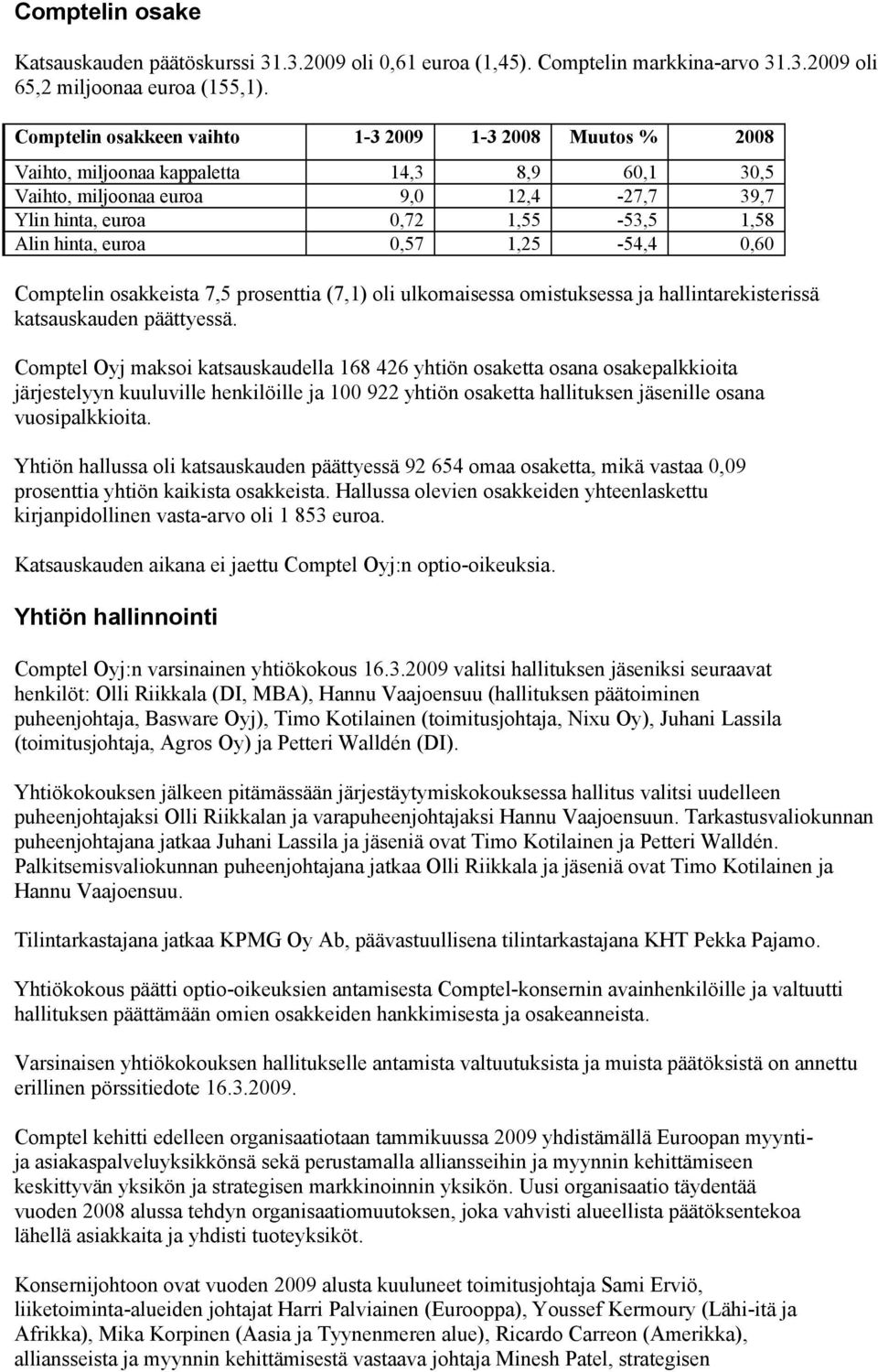 euroa 0,57 1,25-54,4 0,60 Comptelin osakkeista 7,5 prosenttia (7,1) oli ulkomaisessa omistuksessa ja hallintarekisterissä katsauskauden päättyessä.