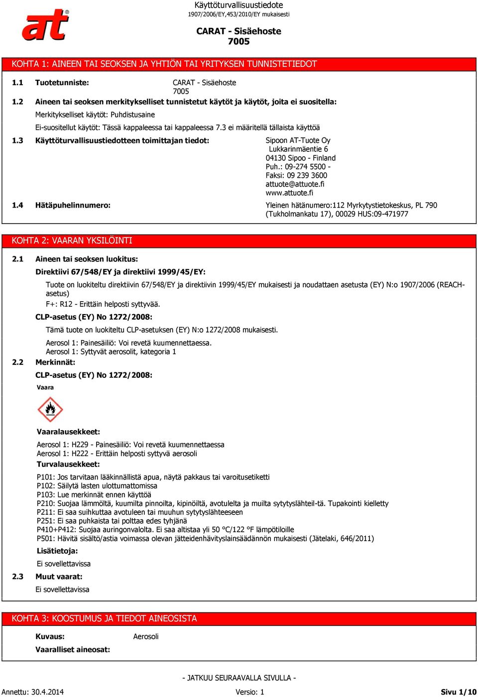 7.3 ei määritellä tällaista käyttöä 1.3 1.4 Käyttöturvallisuustiedotteen toimittajan tiedot: Hätäpuhelinnumero: Sipoon AT-Tuote Oy Lukkarinmäentie 6 04130 Sipoo - Finland Puh.