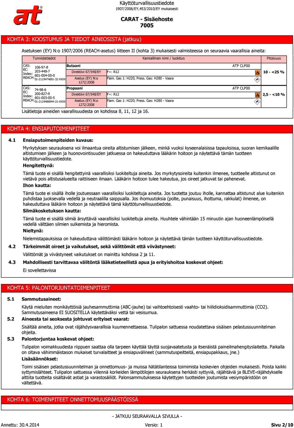 01-2119486944-21-XXXX Butaani Direktiivi 67/548/EY Propaani Asetus (EY) N:o 1272/2008 Direktiivi 67/548/EY Asetus (EY) N:o 1272/2008 F+: R12 Flam. Gas 1: H220; Press. Gas: H280 - Vaara F+: R12 Flam.