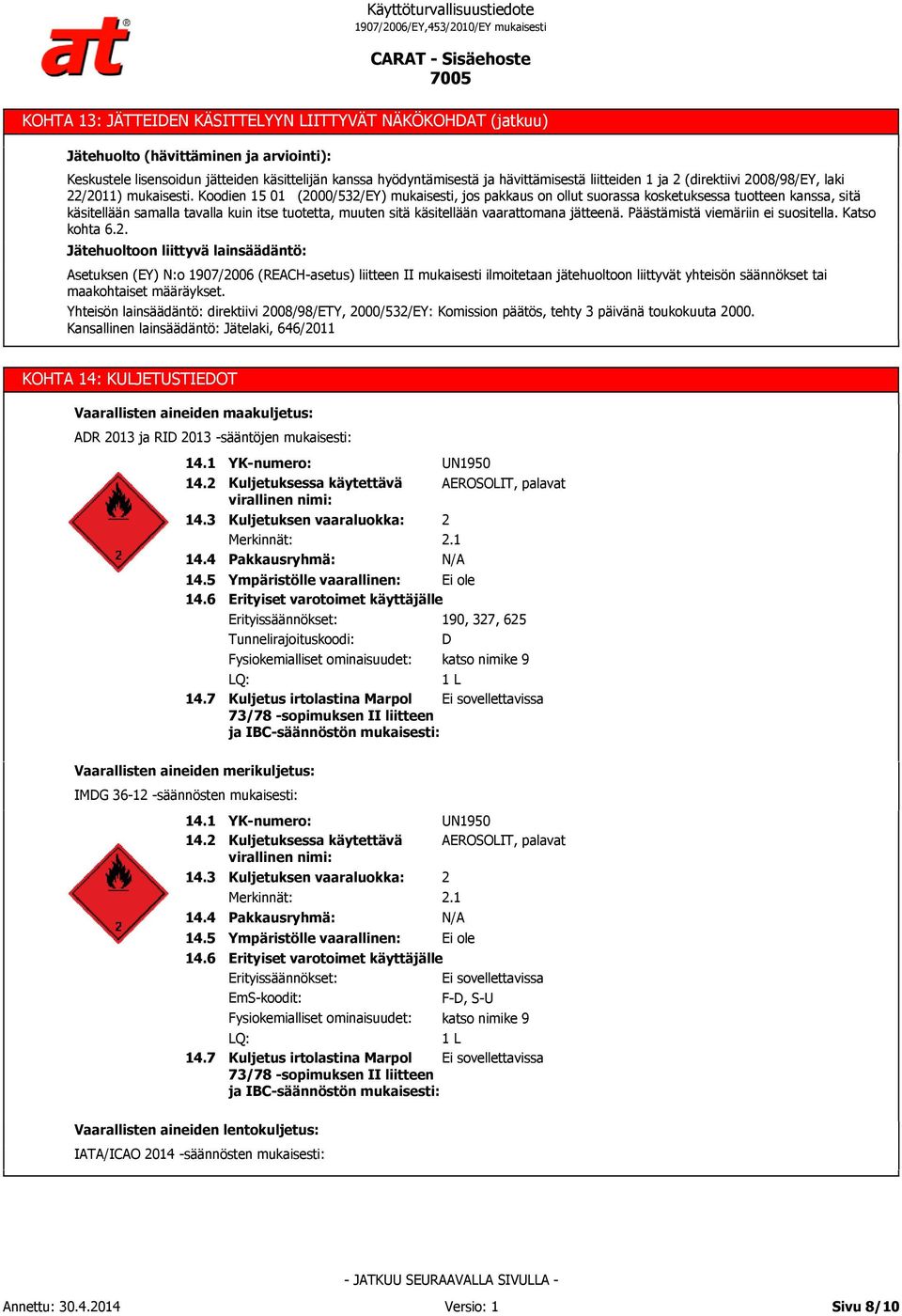 Koodien 15 01 (2000/532/EY) mukaisesti, jos pakkaus on ollut suorassa kosketuksessa tuotteen kanssa, sitä käsitellään samalla tavalla kuin itse tuotetta, muuten sitä käsitellään vaarattomana jätteenä.