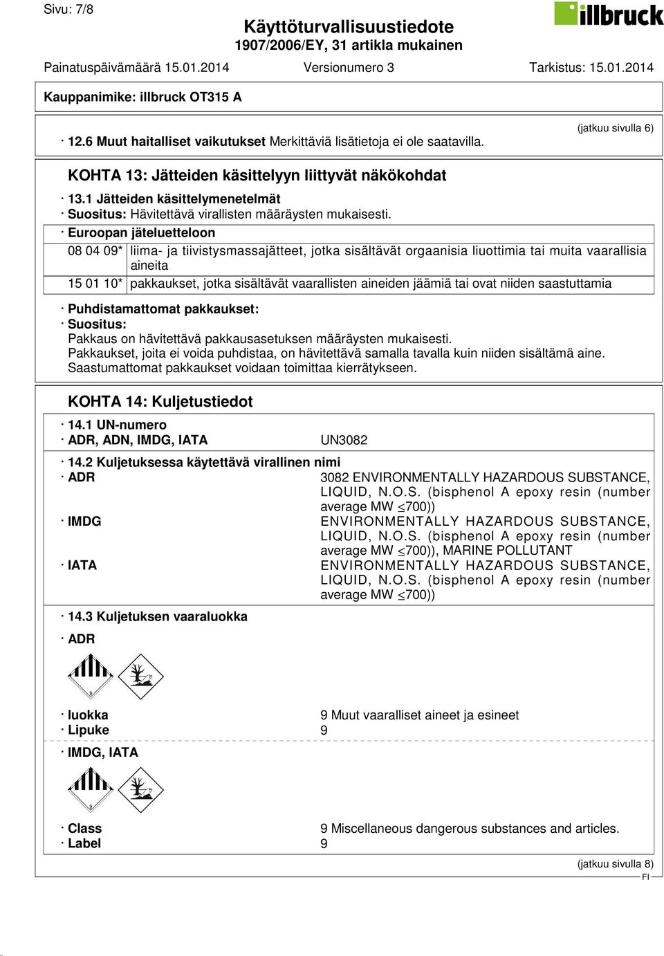 Euroopan jäteluetteloon 08 04 09* liima- ja tiivistysmassajätteet, jotka sisältävät orgaanisia liuottimia tai muita vaarallisia aineita 15 01 10* pakkaukset, jotka sisältävät vaarallisten aineiden