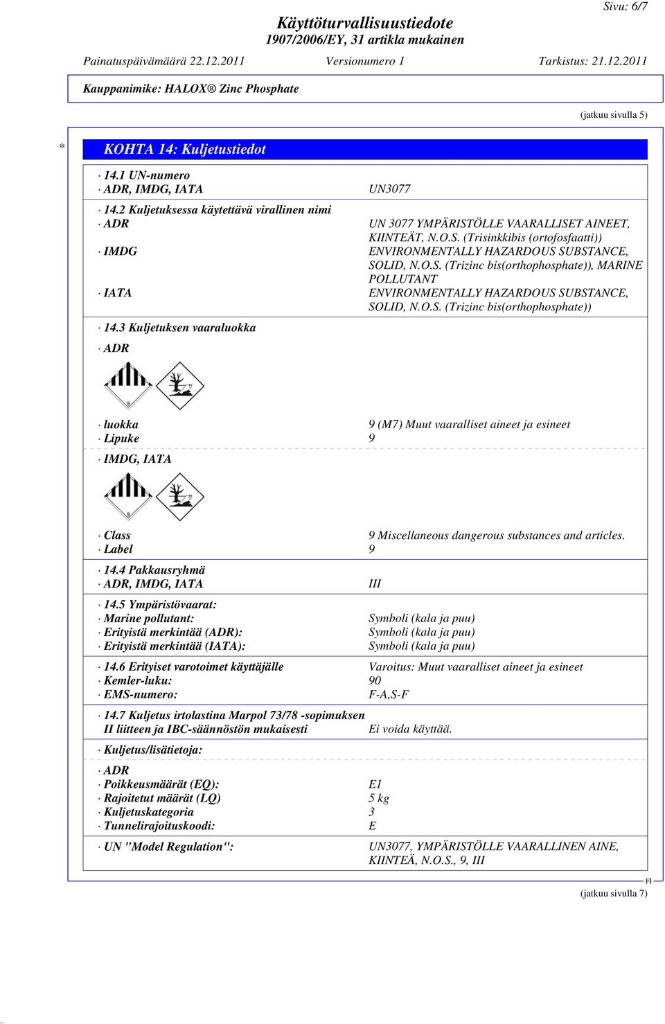 3 Kuljetuksen vaaraluokka ADR luokka 9 (M7) Muut vaaralliset aineet ja esineet Lipuke 9 IMDG, IATA Class 9 Miscellaneous dangerous substances and articles. Label 9 14.