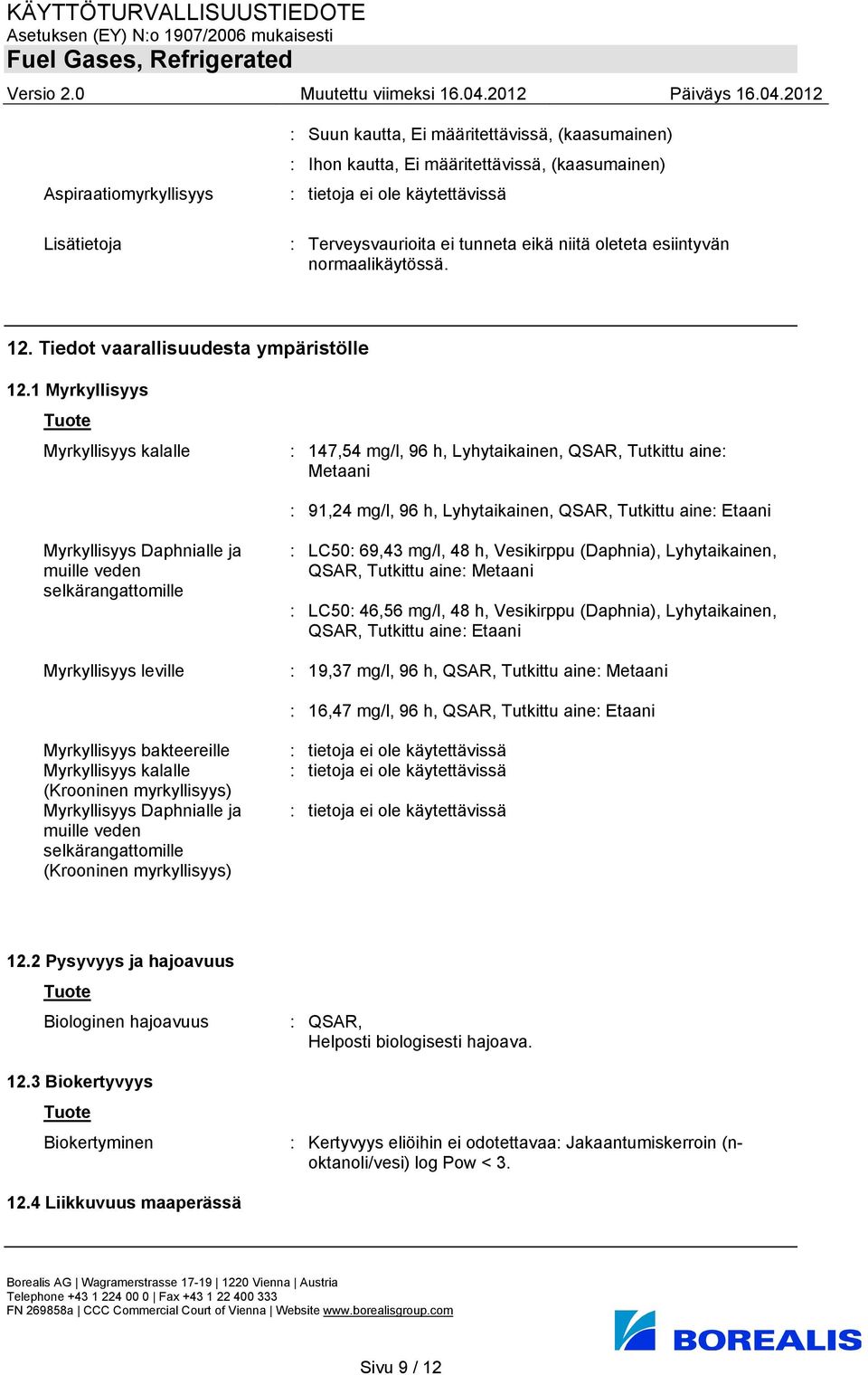 1 Myrkyllisyys Myrkyllisyys kalalle : 147,54 mg/l, 96 h, Lyhytaikainen, QSAR, Tutkittu aine: Metaani : 91,24 mg/l, 96 h, Lyhytaikainen, QSAR, Tutkittu aine: Etaani Myrkyllisyys Daphnialle ja muille