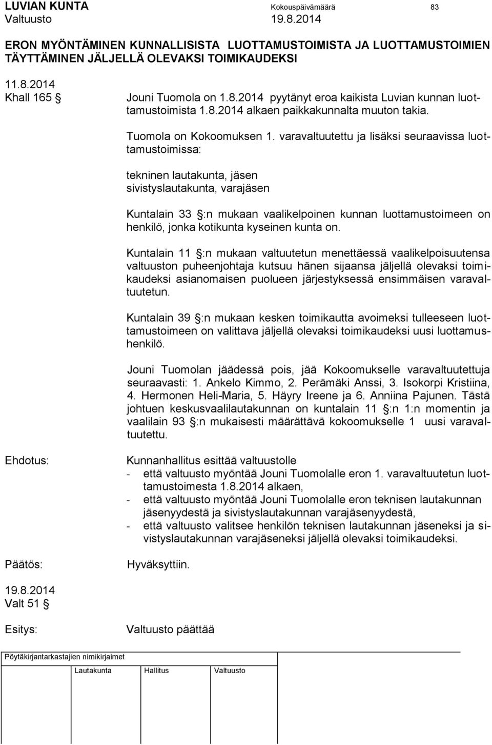 varavaltuutettu ja lisäksi seuraavissa luottamustoimissa: tekninen lautakunta, jäsen sivistyslautakunta, varajäsen Kuntalain 33 :n mukaan vaalikelpoinen kunnan luottamustoimeen on henkilö, jonka