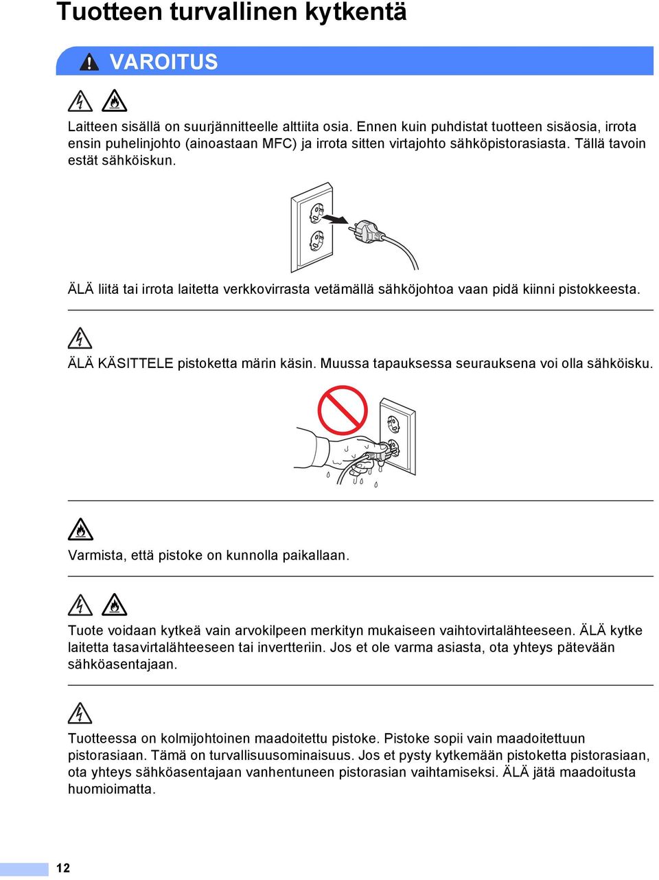 ÄLÄ liitä tai irrota laitetta verkkovirrasta vetämällä sähköjohtoa vaan pidä kiinni pistokkeesta. ÄLÄ KÄSITTELE pistoketta märin käsin. Muussa tapauksessa seurauksena voi olla sähköisku.