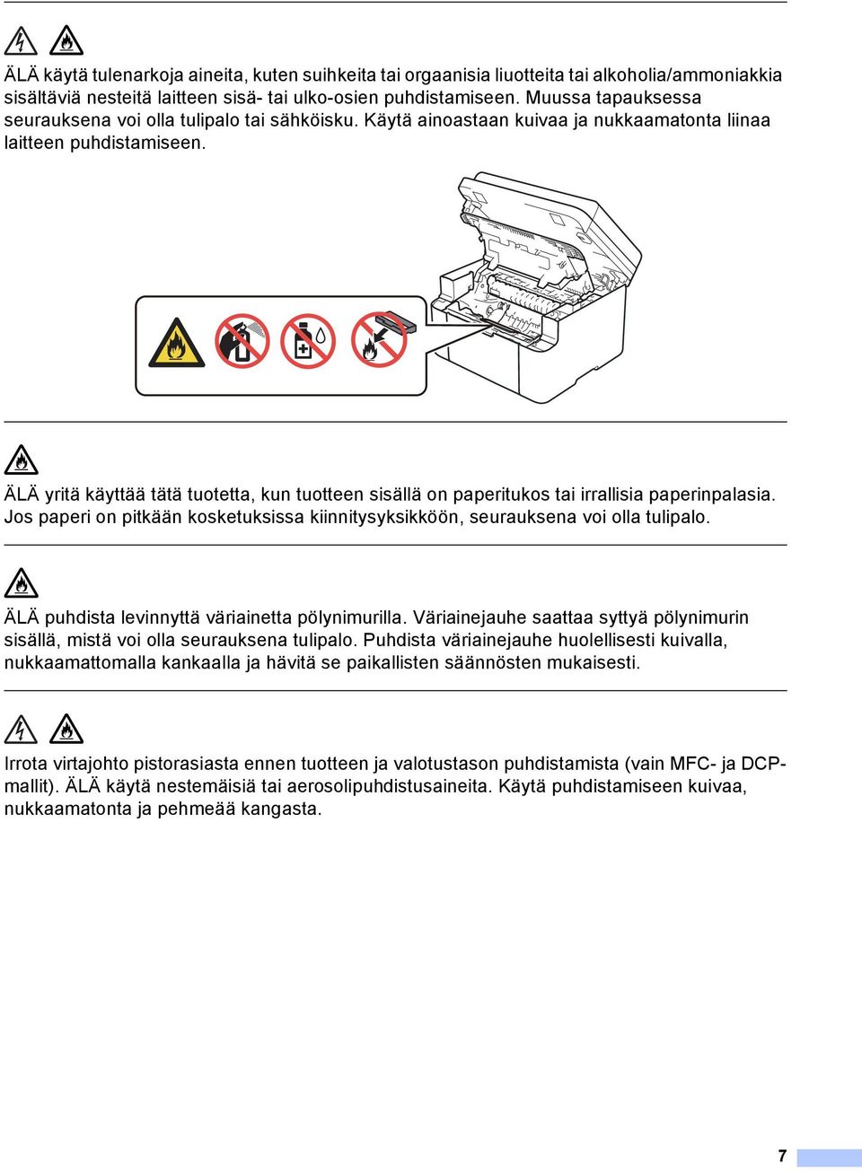 ÄLÄ yritä käyttää tätä tuotetta, kun tuotteen sisällä on paperitukos tai irrallisia paperinpalasia. Jos paperi on pitkään kosketuksissa kiinnitysyksikköön, seurauksena voi olla tulipalo.