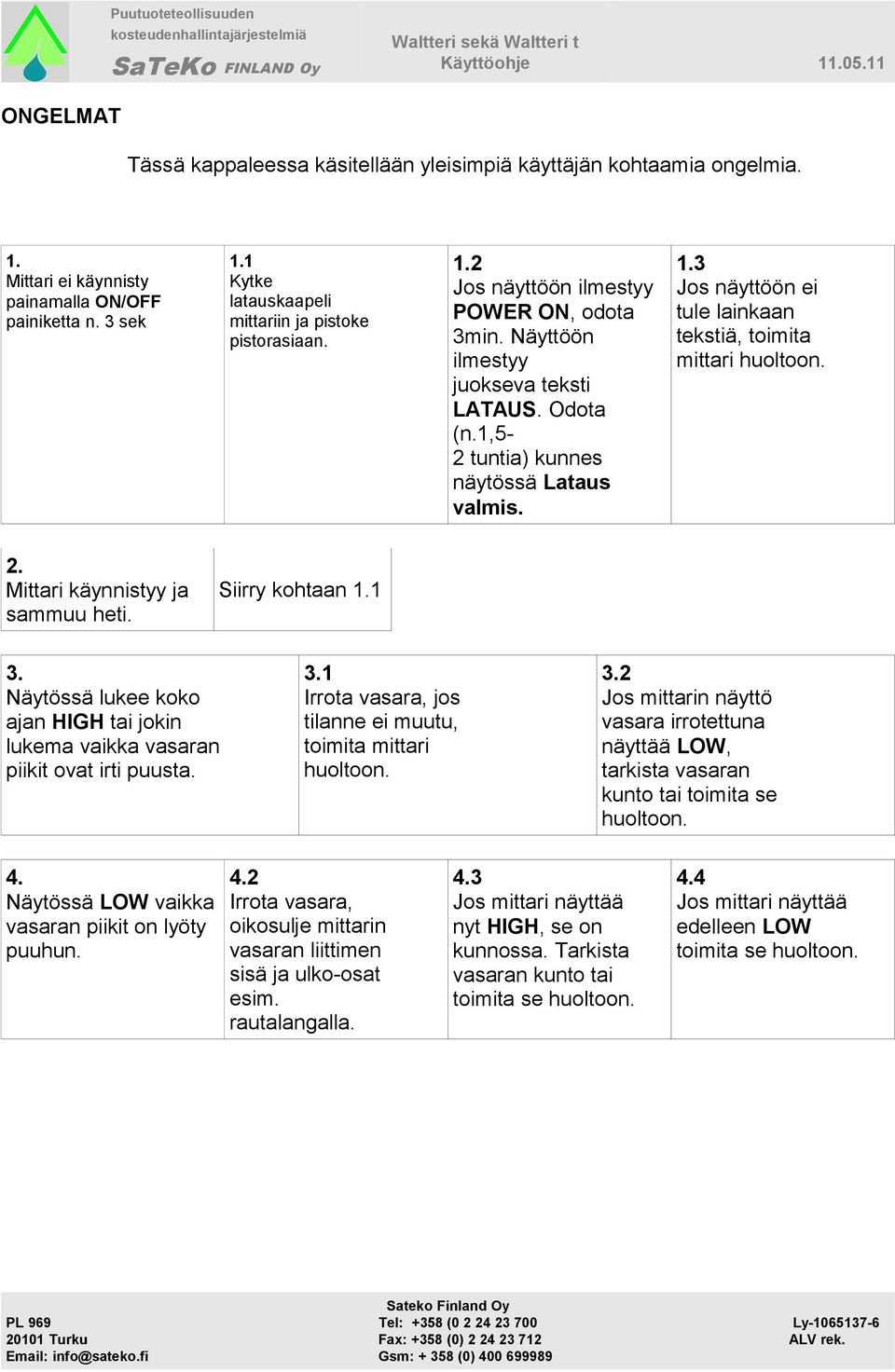 3 Jos näyttöön ei tule lainkaan tekstiä, toimita mittari huoltoon. 2. Mittari käynnistyy ja sammuu heti. Siirry kohtaan 1.1 3.