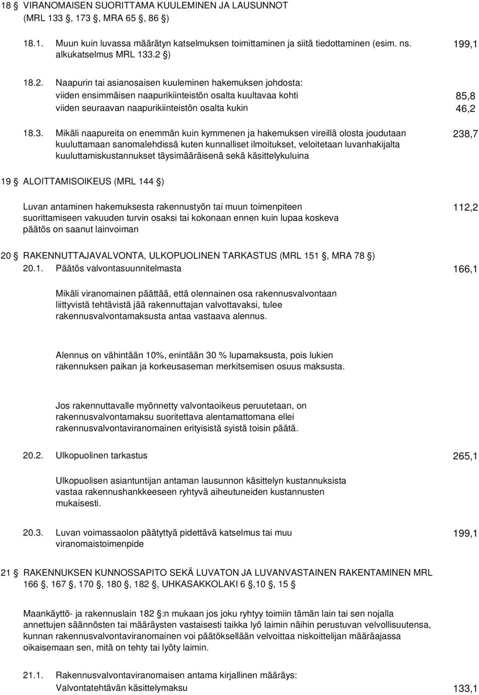 ) 18.2. Naapurin tai asianosaisen kuuleminen hakemuksen johdosta: viiden ensimmäisen naapurikiinteistön osalta kuultavaa kohti 85,8 viiden seuraavan naapurikiinteistön osalta kukin 46,2 18.3.