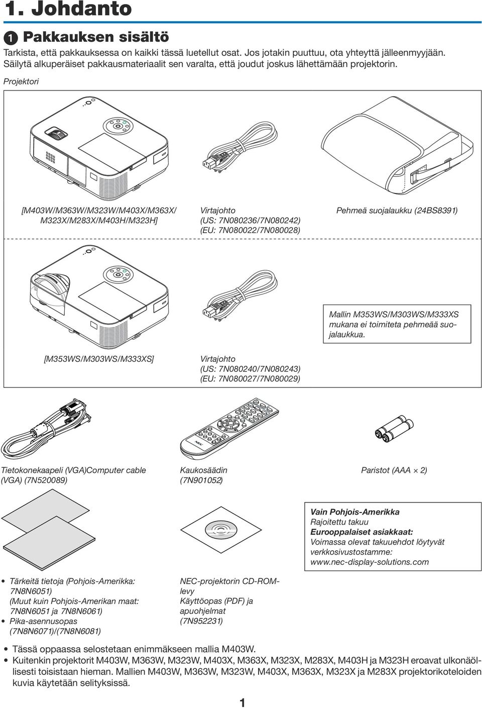 Projektori [M403W/M363W/M323W/M403X/M363X/ M323X/M283X/M403H/M323H] Virtajohto (US: 7N080236/7N080242) (EU: 7N080022/7N080028) Pehmeä suojalaukku (24BS8391) Mallin M353WS/M303WS/M333XS mukana ei