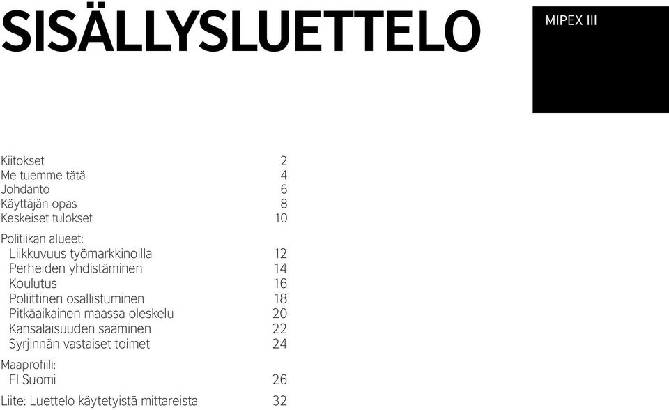 Koulutus 16 Poliittinen osallistuminen 18 Pitkäaikainen maassa oleskelu 20 Kansalaisuuden