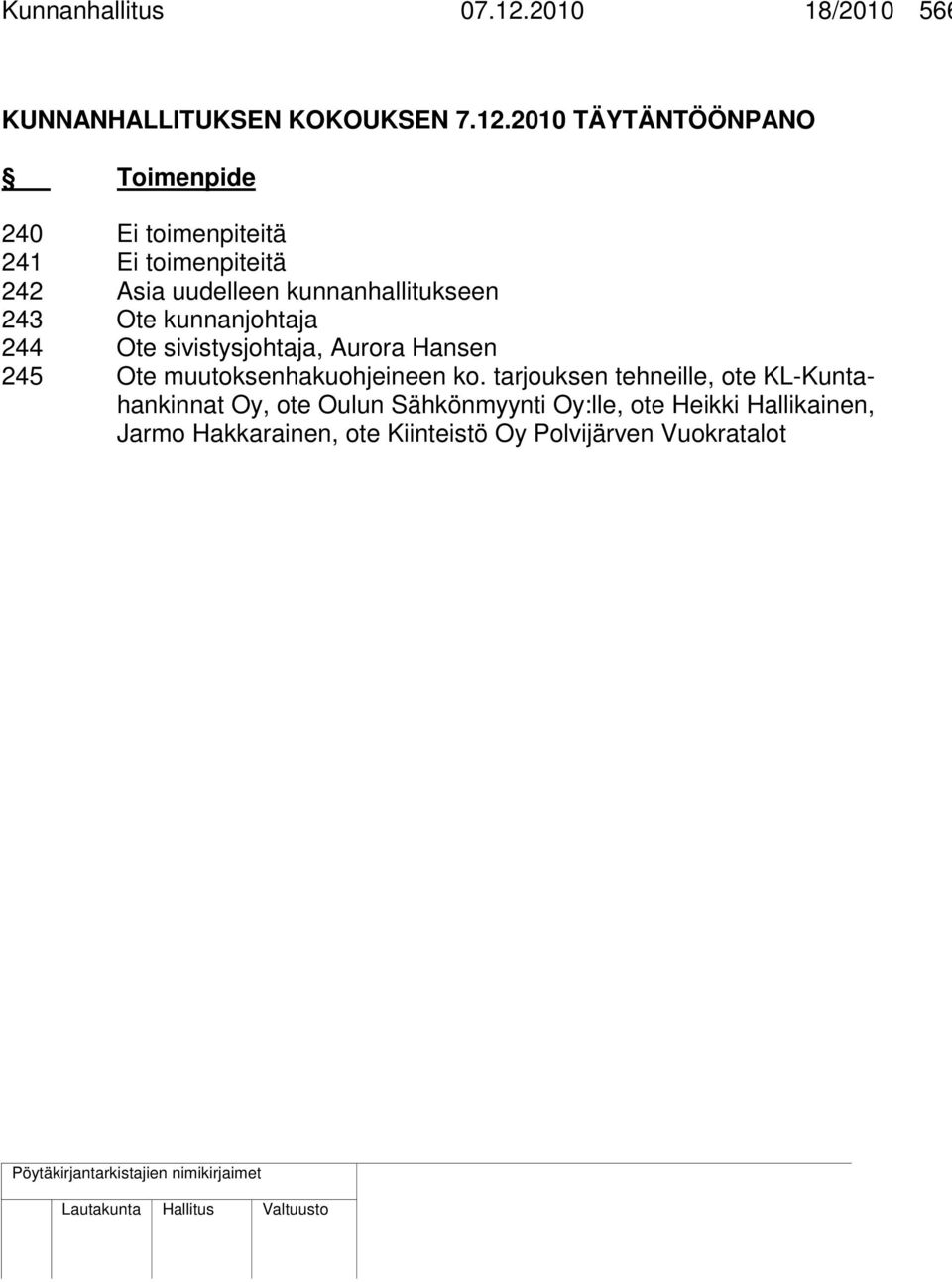 2010 TÄYTÄNTÖÖNPANO Toimenpide 240 Ei toimenpiteitä 241 Ei toimenpiteitä 242 Asia uudelleen kunnanhallitukseen