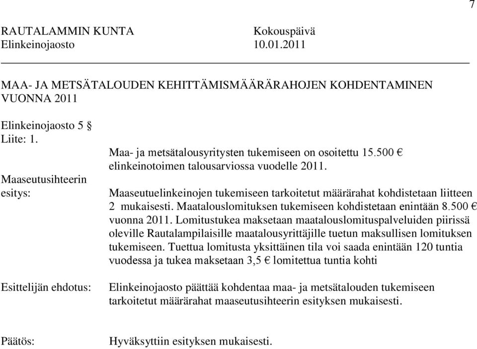 Maaseutuelinkeinojen tukemiseen tarkoitetut määrärahat kohdistetaan liitteen 2 mukaisesti. Maatalouslomituksen tukemiseen kohdistetaan enintään 8.500 vuonna 2011.