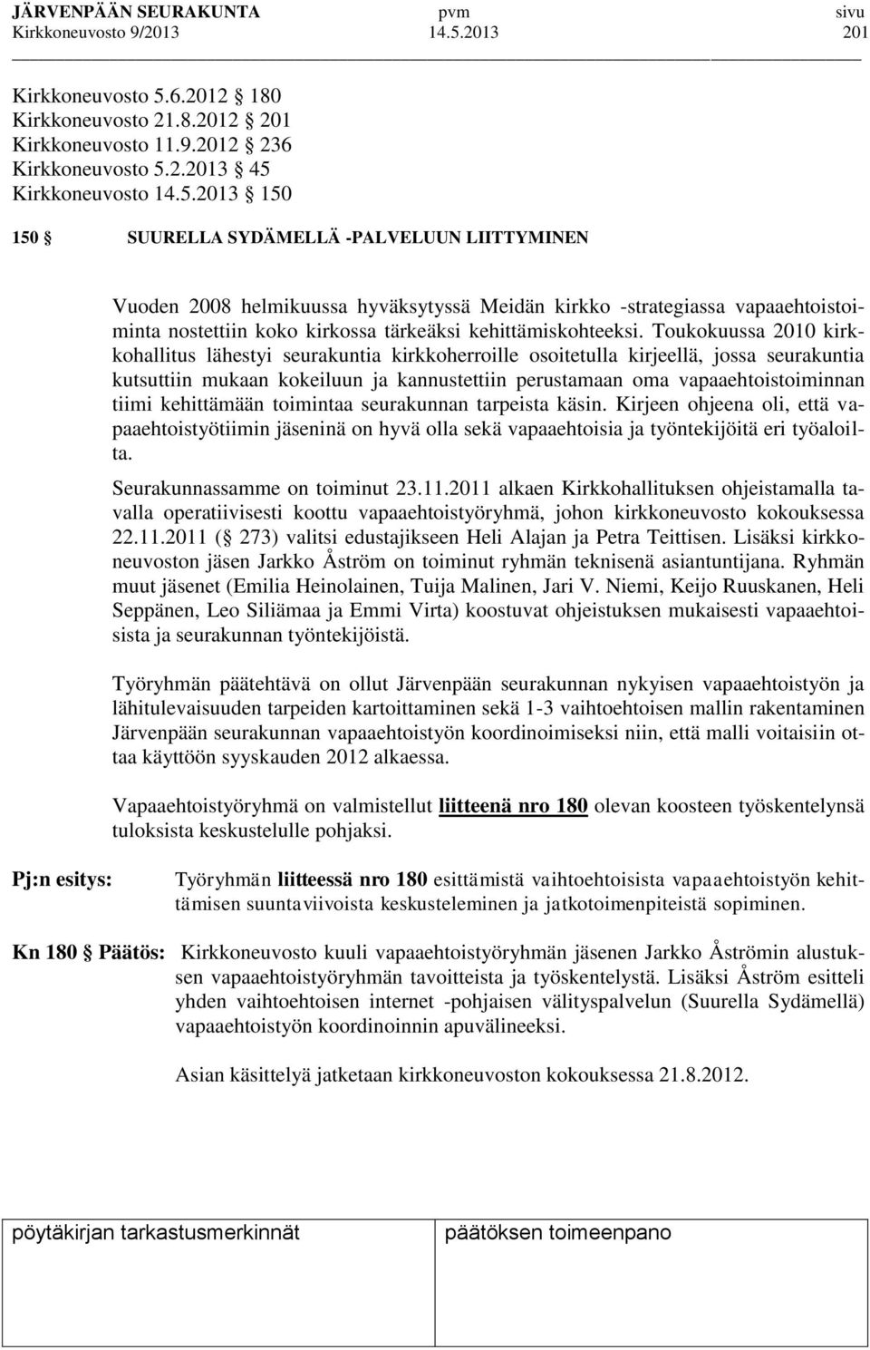 6.2012 180 Kirkkoneuvosto 21.8.2012 201 Kirkkoneuvosto 11.9.2012 236 Kirkkoneuvosto 5.