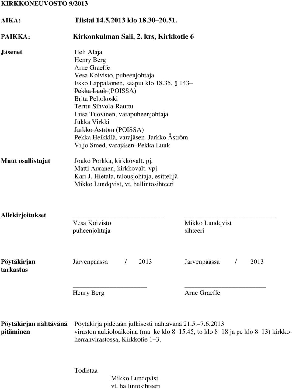 35, 143 Pekka Luuk (POISSA) Brita Peltokoski Terttu Sihvola-Rauttu Liisa Tuovinen, varapuheenjohtaja Jukka Virkki Jarkko Åström (POISSA) Pekka Heikkilä, varajäsen Jarkko Åström Viljo Smed, varajäsen