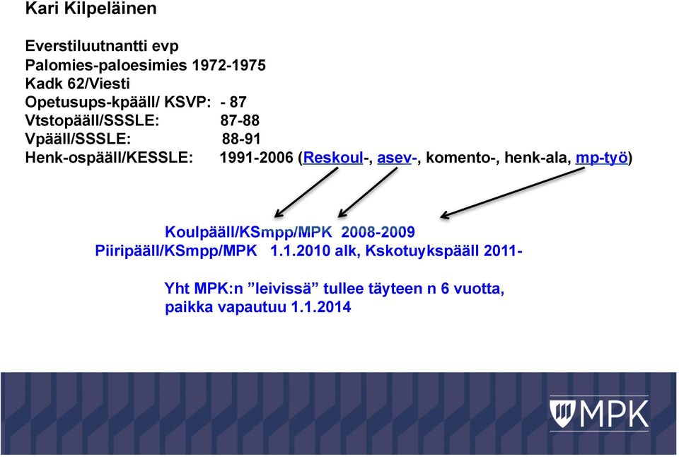 1991-2006 (Reskoul-, asev-, komento-, henk-ala, mp-työ) Koulpääll/KSmpp/MPK 2008-2009