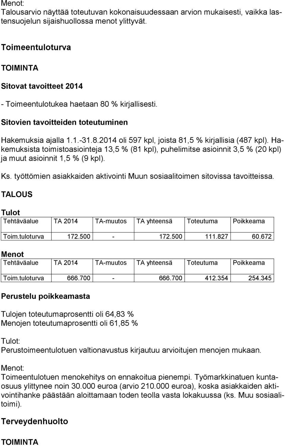 Hakemuksista toimistoasiointeja 13,5 % (81 kpl), puhelimitse asioinnit 3,5 % (20 kpl) ja muut asioinnit 1,5 % (9 kpl). Ks. työttömien asiakkaiden aktivointi Muun sosiaalitoimen sitovissa tavoitteissa.