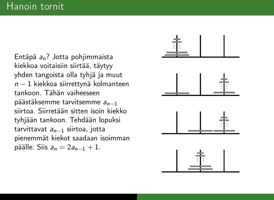 ieoa siirrettynä olmanteen tanoon. Tähän vaiheeseen päästäsemme tarvitsemme a n 1 siirtoa.