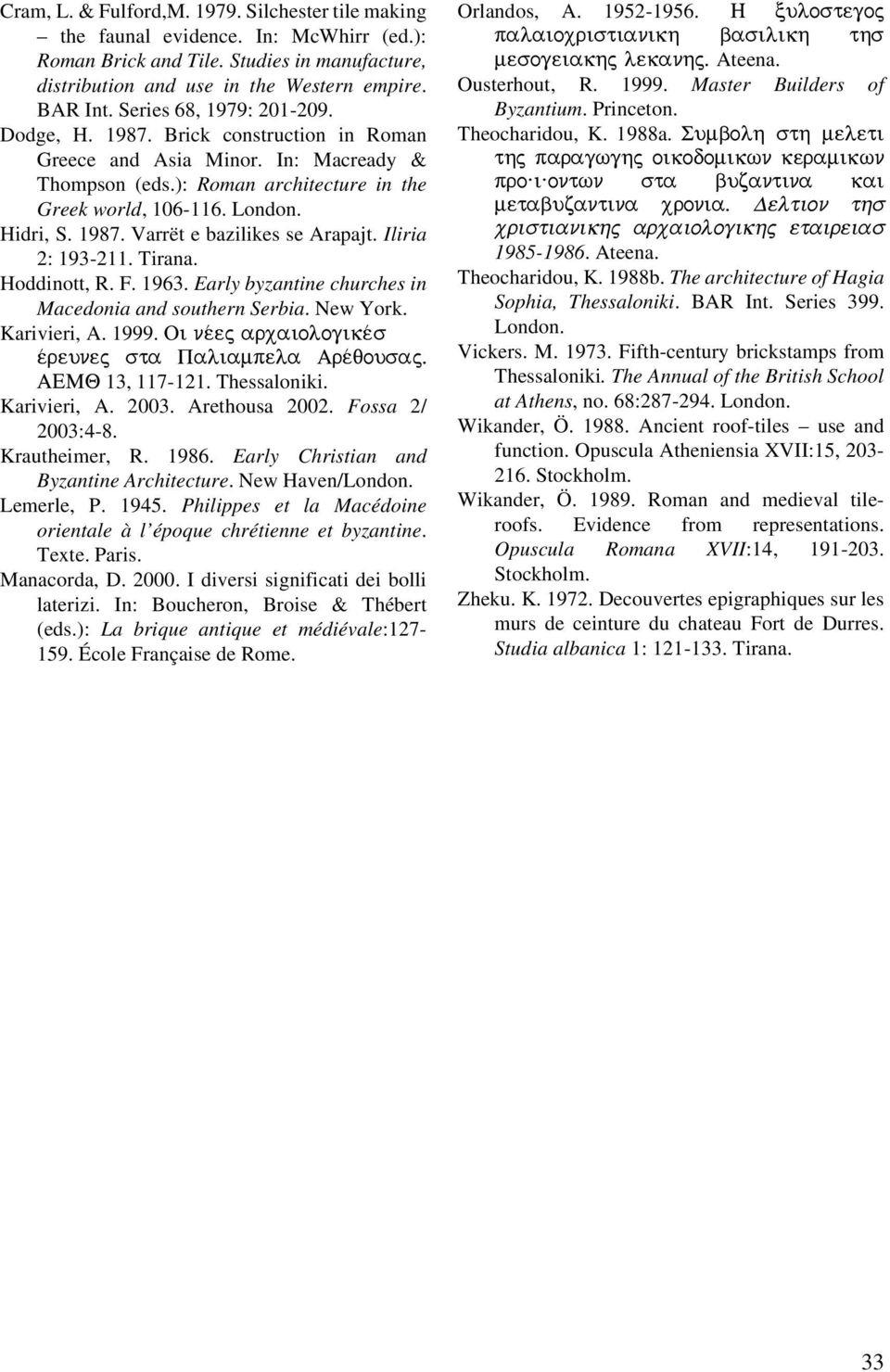 Iliria 2: 193-211. Tirana. Hoddinott, R. F. 1963. Early byzantine churches in Macedonia and southern Serbia. New York. Karivieri, A. 1999. Oi ne/ej arxaiologike/s e/reunej sta Paliampela Are/qousaj.