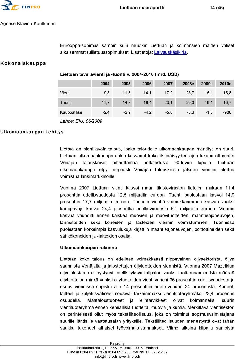 USD) 2004 2005 2006 2007 2008e 2009e 2010e Vienti 9,3 11,8 14,1 17,2 23,7 15,1 15,8 Tuonti 11,7 14,7 18,4 23,1 29,3 16,1 16,7 Kauppatase -2,4-2,9-4,2-5,8-5,6-1,0-900 Lähde: EIU, 06/2009