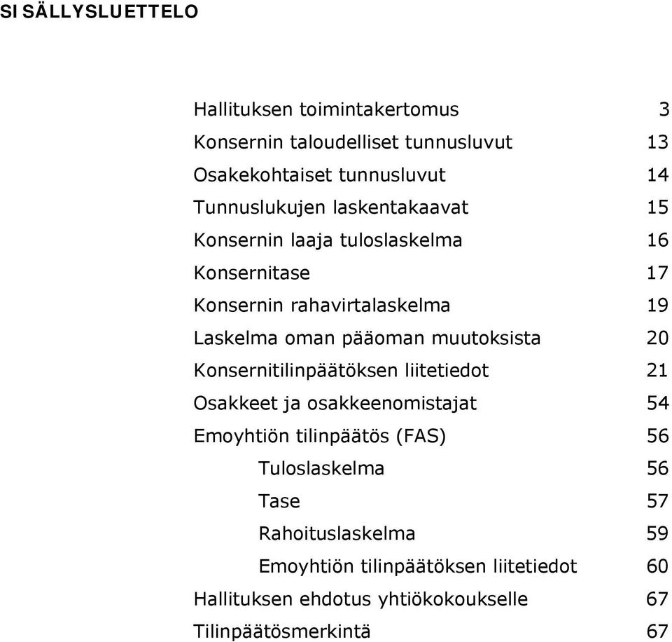 pääoman muutoksista 20 Konsernitilinpäätöksen liitetiedot 21 Osakkeet ja osakkeenomistajat 54 Emoyhtiön tilinpäätös (FAS) 56