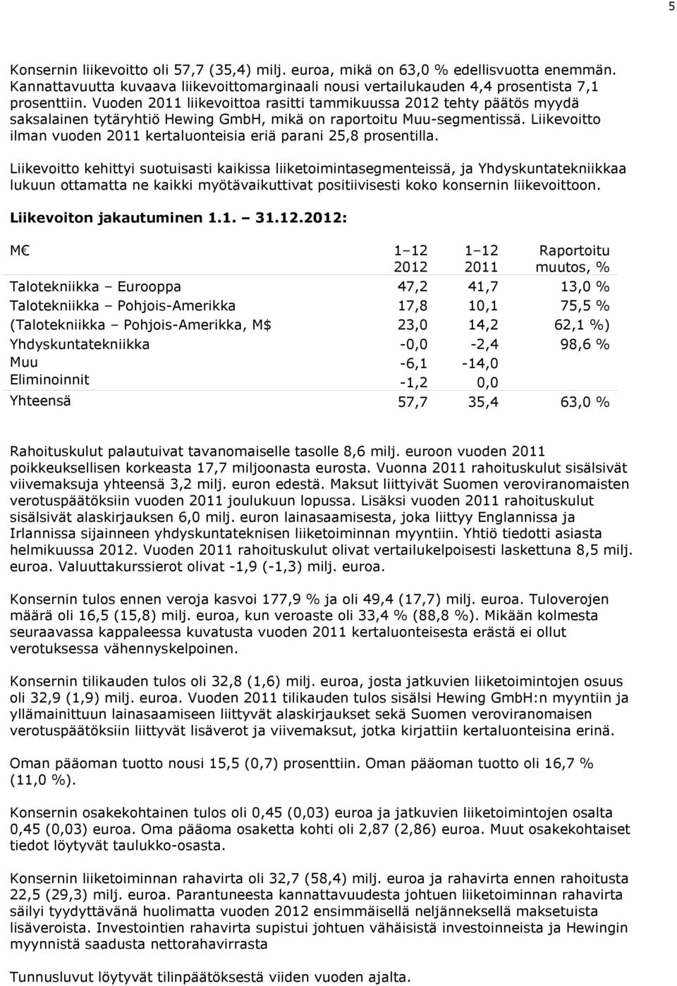 Liikevoitto ilman vuoden 2011 kertaluonteisia eriä parani 25,8 prosentilla.