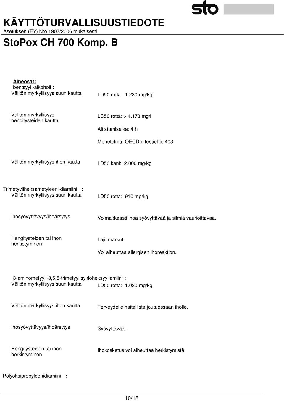 000 mg/kg Trimetyyliheksametyleeni-diamiini : Välitön myrkyllisyys suun kautta LD50 rotta: 910 mg/kg Ihosyövyttävyys/ihoärsytys Voimakkaasti ihoa syövyttävää ja silmiä vaurioittavaa.