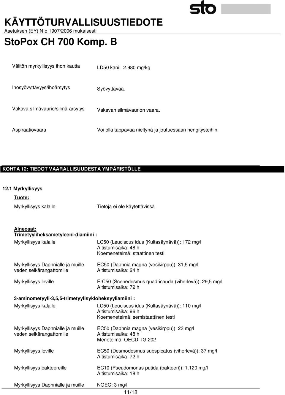 1 Myrkyllisyys Tuote: Myrkyllisyys kalalle Aineosat: Trimetyyliheksametyleeni-diamiini : Myrkyllisyys kalalle LC50 (Leuciscus idus (Kultasäynävä)): 172 mg/l Altistumisaika: 48 h Koemenetelmä: