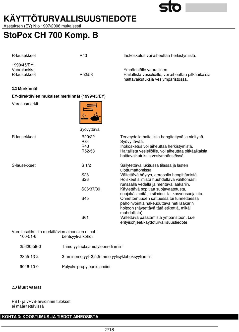 2 Merkinnät EY-direktiivien mukaiset merkinnät (1999/45/EY) Varoitusmerkit Syövyttävä R-lausekkeet R20/22 Terveydelle haitallista hengitettynä ja nieltynä. R34 Syövyttävää.