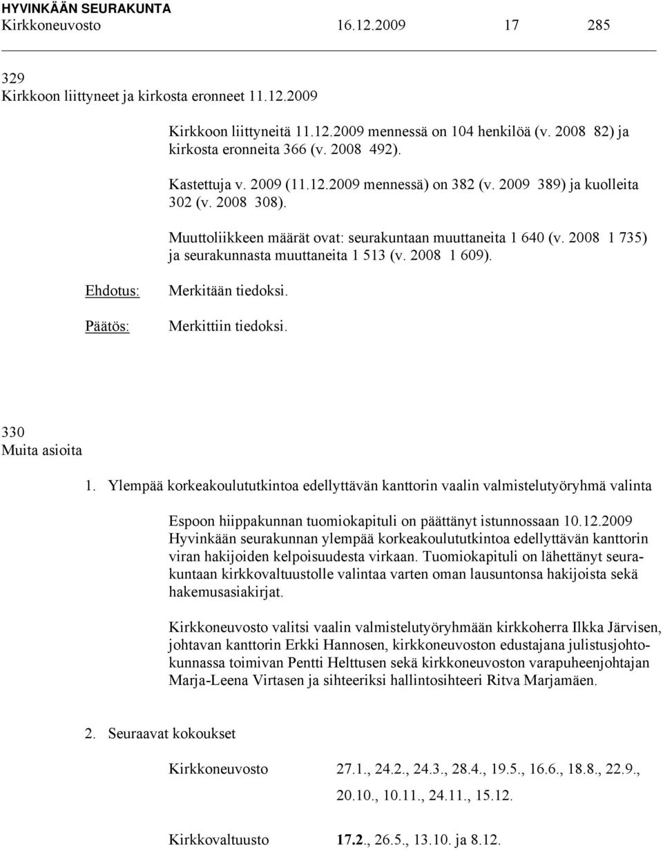 2008 1 735) ja seurakunnasta muuttaneita 1 513 (v. 2008 1 609). Merkitään tiedoksi. Merkittiin tiedoksi. 330 Muita asioita 1.