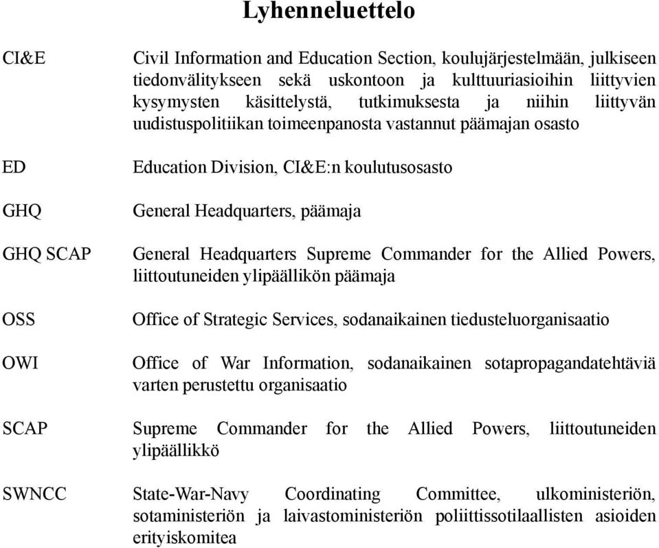 Headquarters Supreme Commander for the Allied Powers, liittoutuneiden ylipäällikön päämaja Office of Strategic Services, sodanaikainen tiedusteluorganisaatio Office of War Information, sodanaikainen