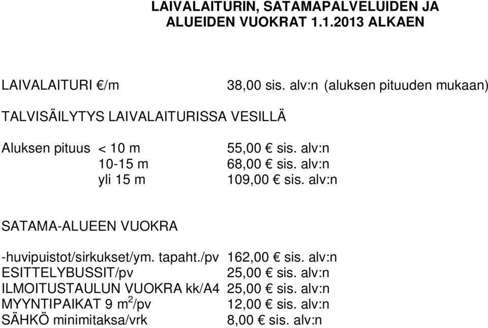 alv:n 10-15 m 68,00 sis. alv:n yli 15 m 109,00 sis. alv:n SATAMA-ALUEEN VUOKRA -huvipuistot/sirkukset/ym. tapaht.