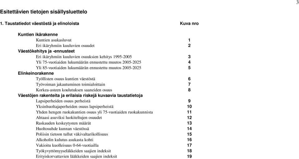 1995-2005 3 Yli 75-vuotiaiden lukumäärän ennustettu muutos 2005-2025 4 Yli 85-vuotiaiden lukumäärän ennustettu muutos 2005-2025 5 Elinkeinorakenne Työllisten osuus kuntien väestöstä 6 Työvoiman