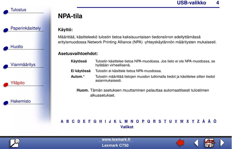 Jos tieto ei ole NPA-muodossa, se hylätään virheellisenä. Tulostin ei käsittele tietoa NPA-muodossa.